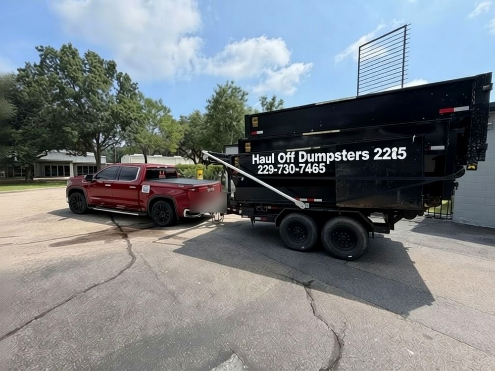 The Haul Off Dumpsters trailer lettered with the business name and phone number, hitched behind a pickup truck